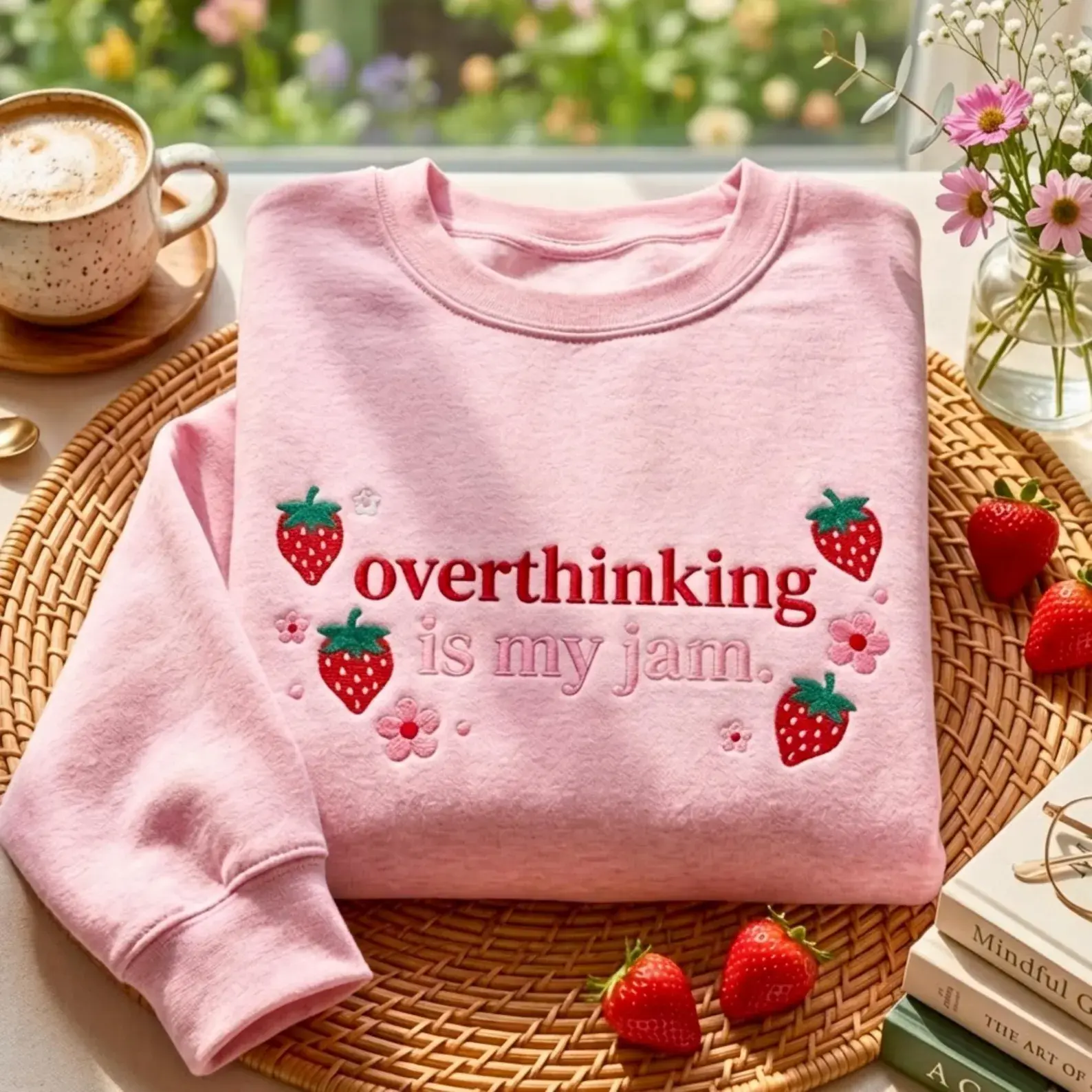 Embroidered Overthinking Strawberry Sweatshirt, Hoodie