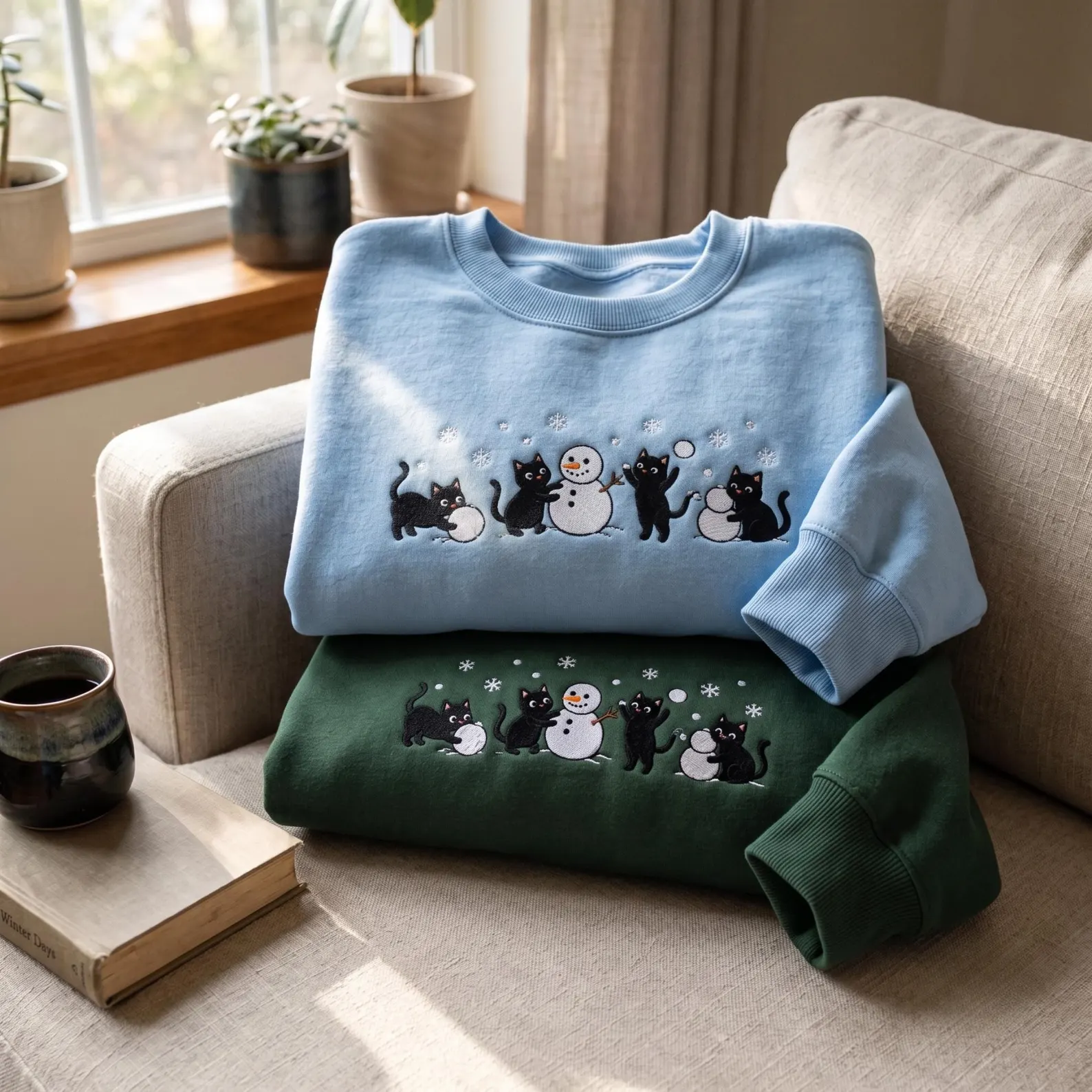 Embroidered Christmas Cat Sweatshirt: Funny Holiday Crew Neck